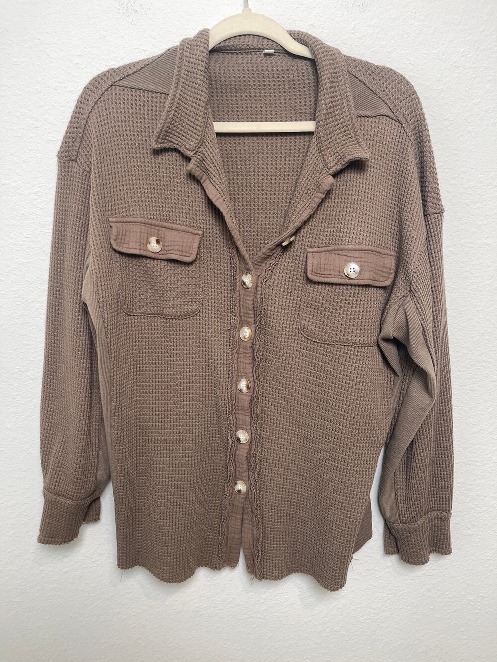 Women’s L Brown Waffle Knit Shacket Oversized Button Down Utility Boho Top